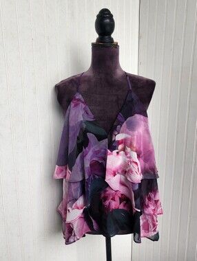 NWT Express Black Purple Floral Chiffon Tiered Camisole Top Pink Flowers XL